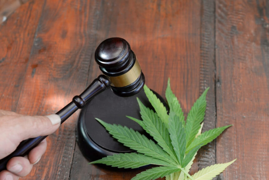 A gavel and a marijuana leaf, showing that this article is about legal marijuana securities and investments