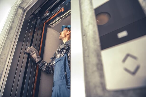 An elevator engineer inspecting a newly constructed elevator