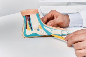An orthopedic surgery expert witness demonstrating something on a model ankle