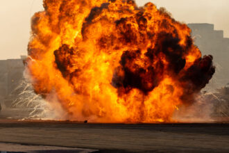 Fire investigator analyzing an explosion scene for forensic evidence.