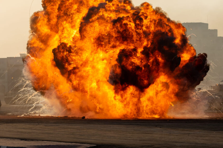 Fire investigator analyzing an explosion scene for forensic evidence.